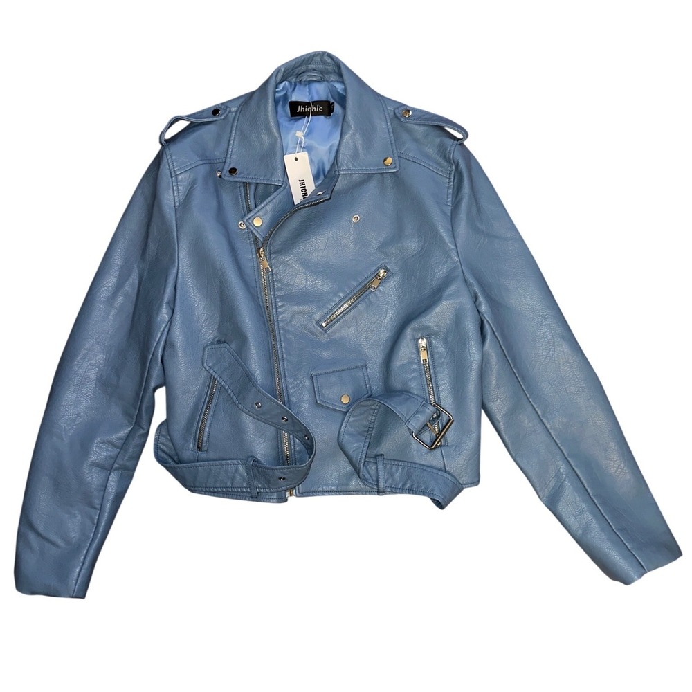 Jhichic Womens Blue Faux Leather Moto Biker Jacket XXL New With Tags